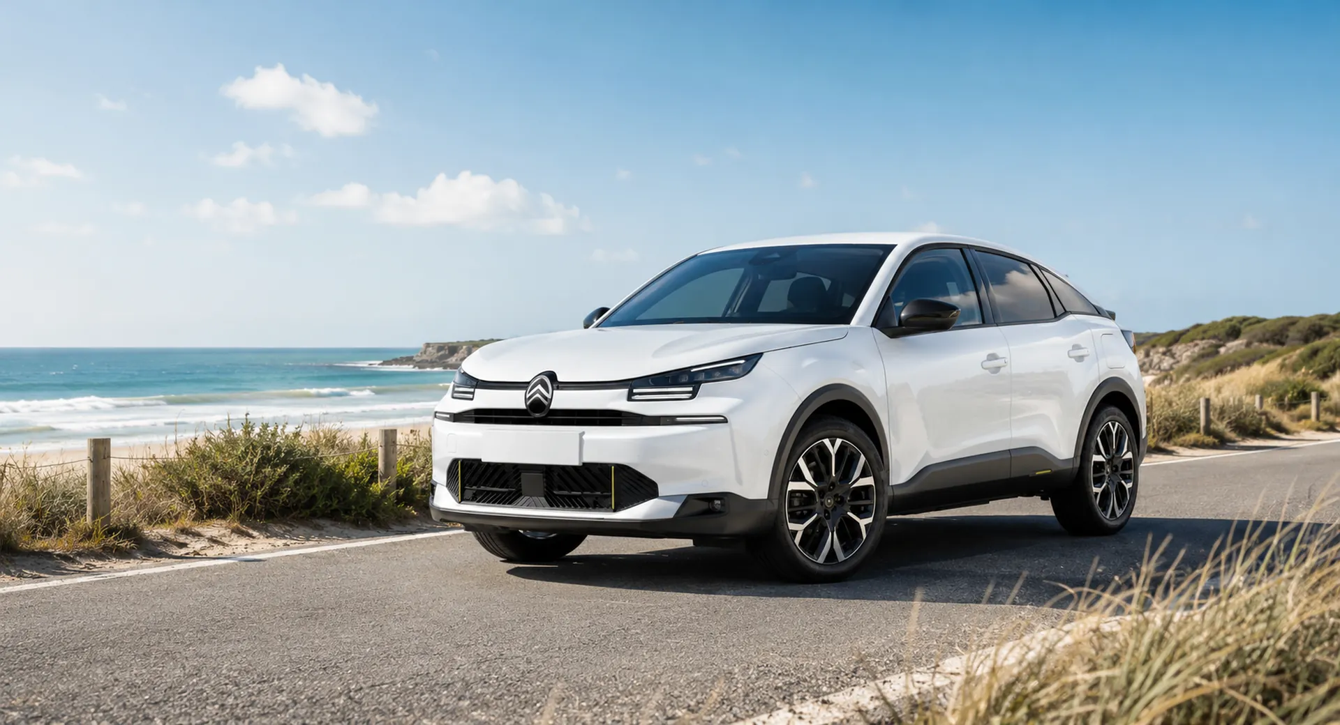 Citroën C4 w kolorze białym na nadmorskiej drodze w słoneczny dzień