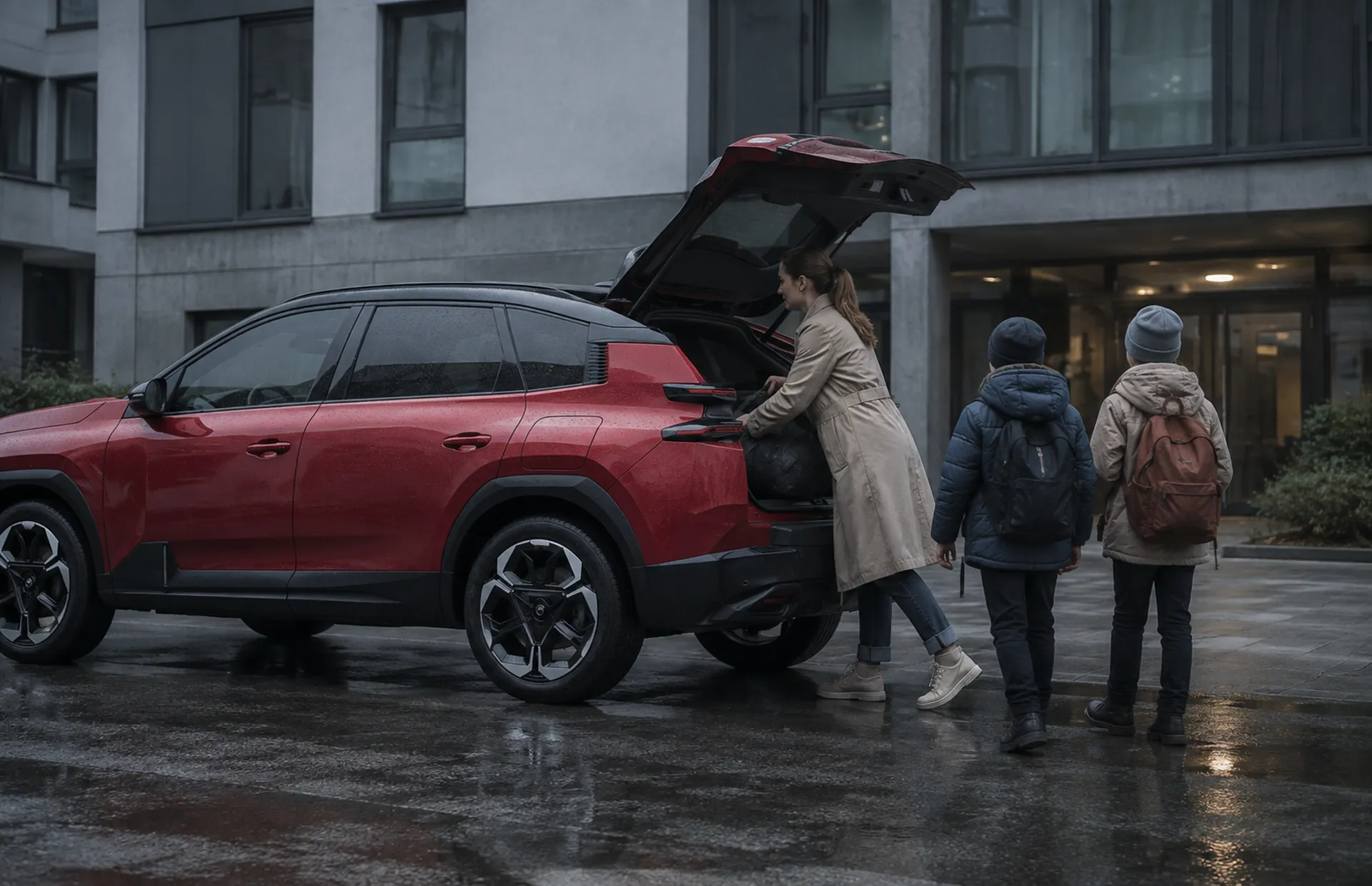 Rodzina pakująca bagaż do czerwonego Citroëna C5 Aircross