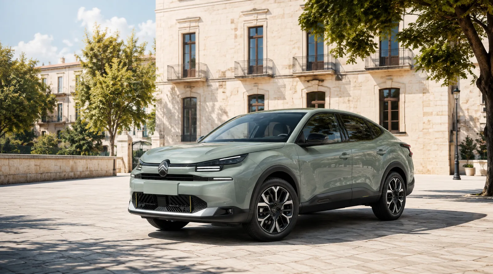 Citroën C4 X w kolorze szałwiowym na słonecznym placu przed zabytkową kamienicą