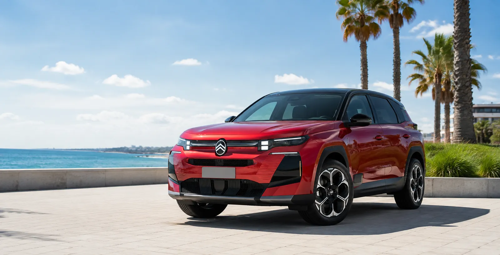 Citroën C5 Aircross w kolorze czerwonym na nadmorskiej promenadzie w słoneczny dzień